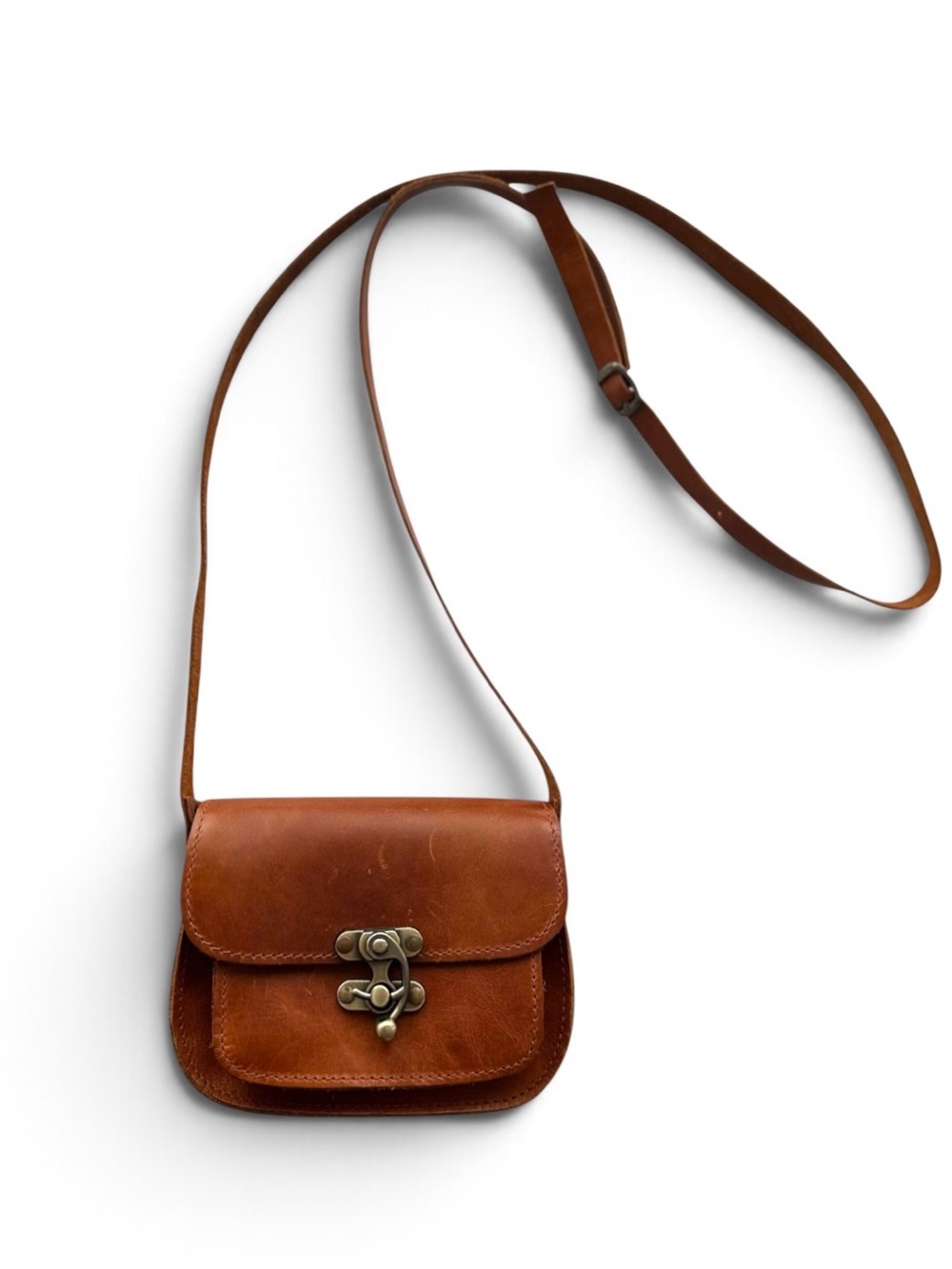 Small Leather Saddle Bag Crossbody Purse Handcrafted in Greece Cognac Brown